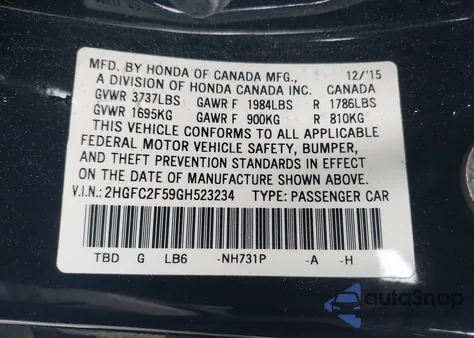 2016 Honda Civic Lx from USA, damaged, VIN 2HGFC2F59GH523234